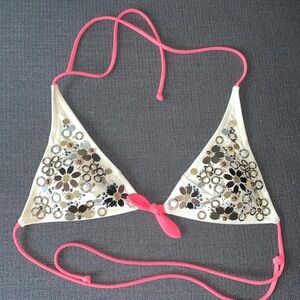 Victoria’s Secret Gold Metal Beaded Triangle white & Pink Bikini Top Size Small